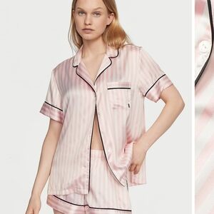 Victoria's Secret Pink and White Striped Pajama Set Glazed Satin